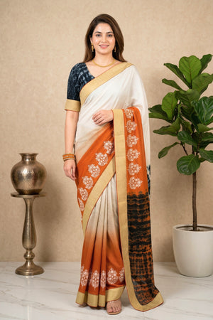 Contemporary Off-White and Rust Georgette Saree with Shibori Pallu