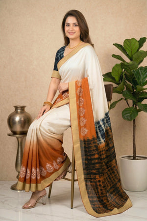 Contemporary Off-White and Rust Georgette Saree with Shibori Pallu