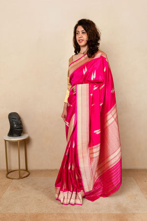 Regal Rani Pink Katan Silk Saree with Zari Leaf Motifs
