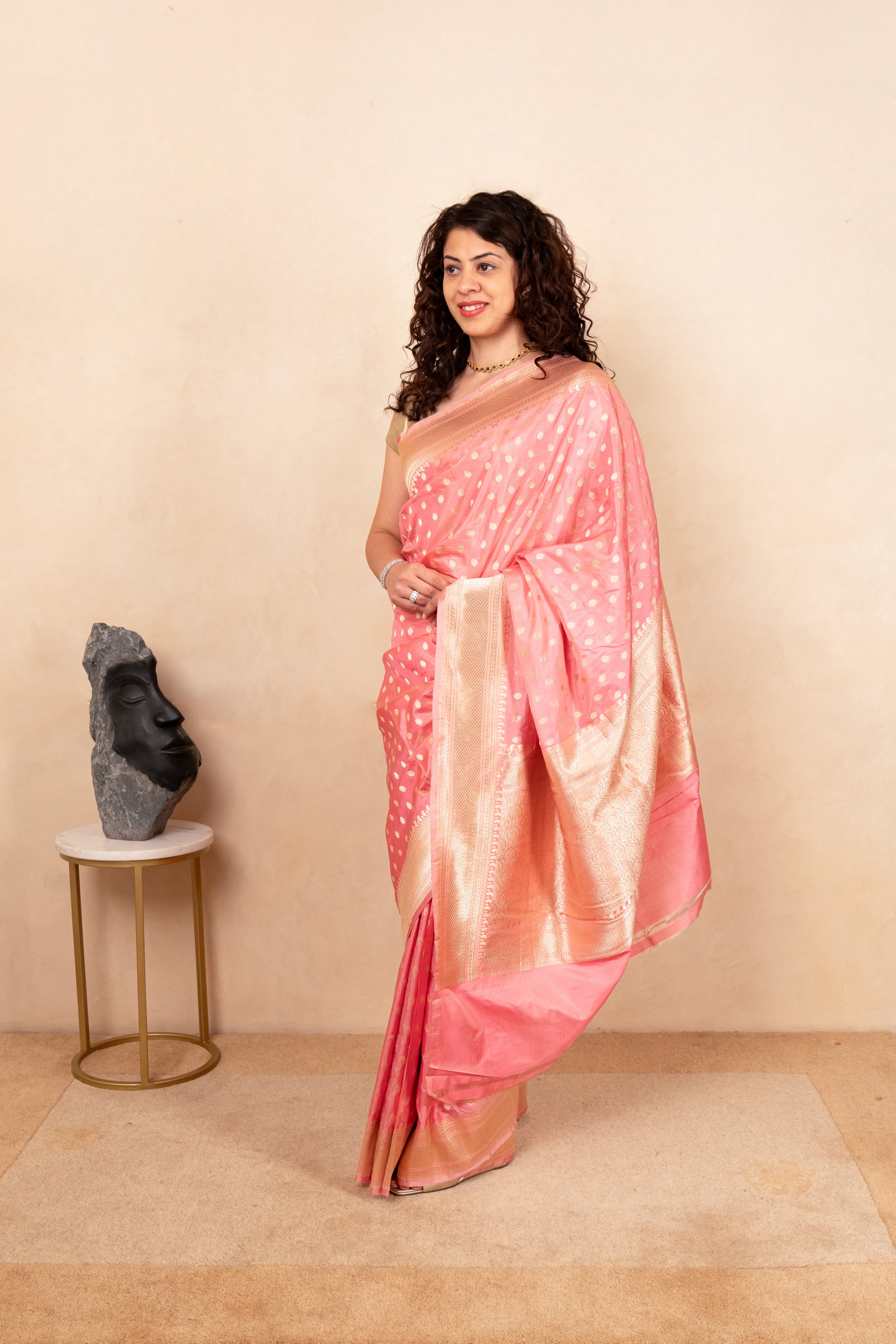 Luxurious Blossom Pink Katan Silk Saree with Gold Zari Work