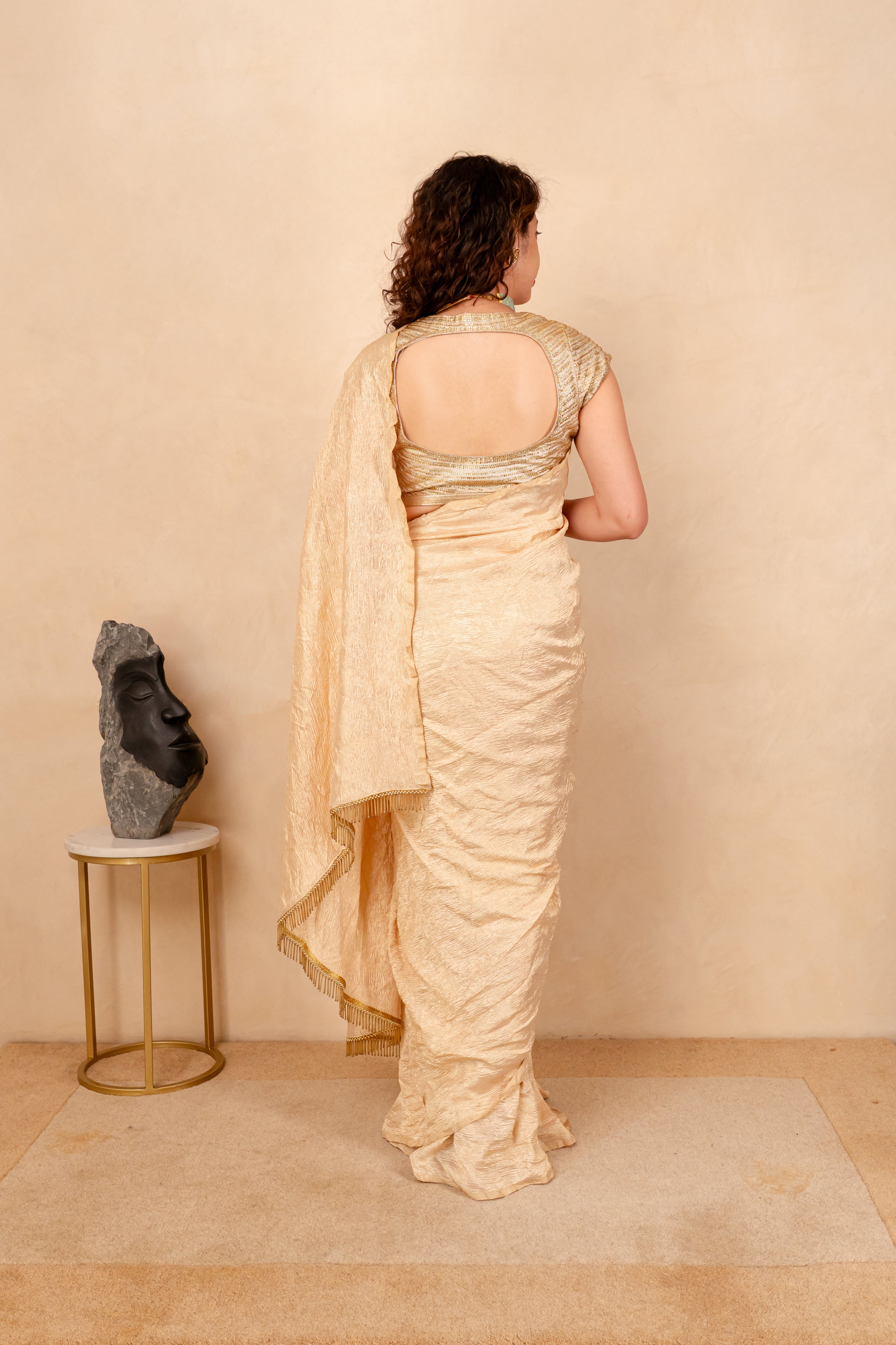Radiant Champagne Gold Crush Tissue Silk Saree