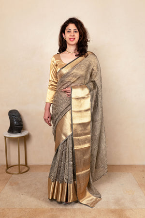 Metallic Grey & Gold Crush Tissue Silk Saree