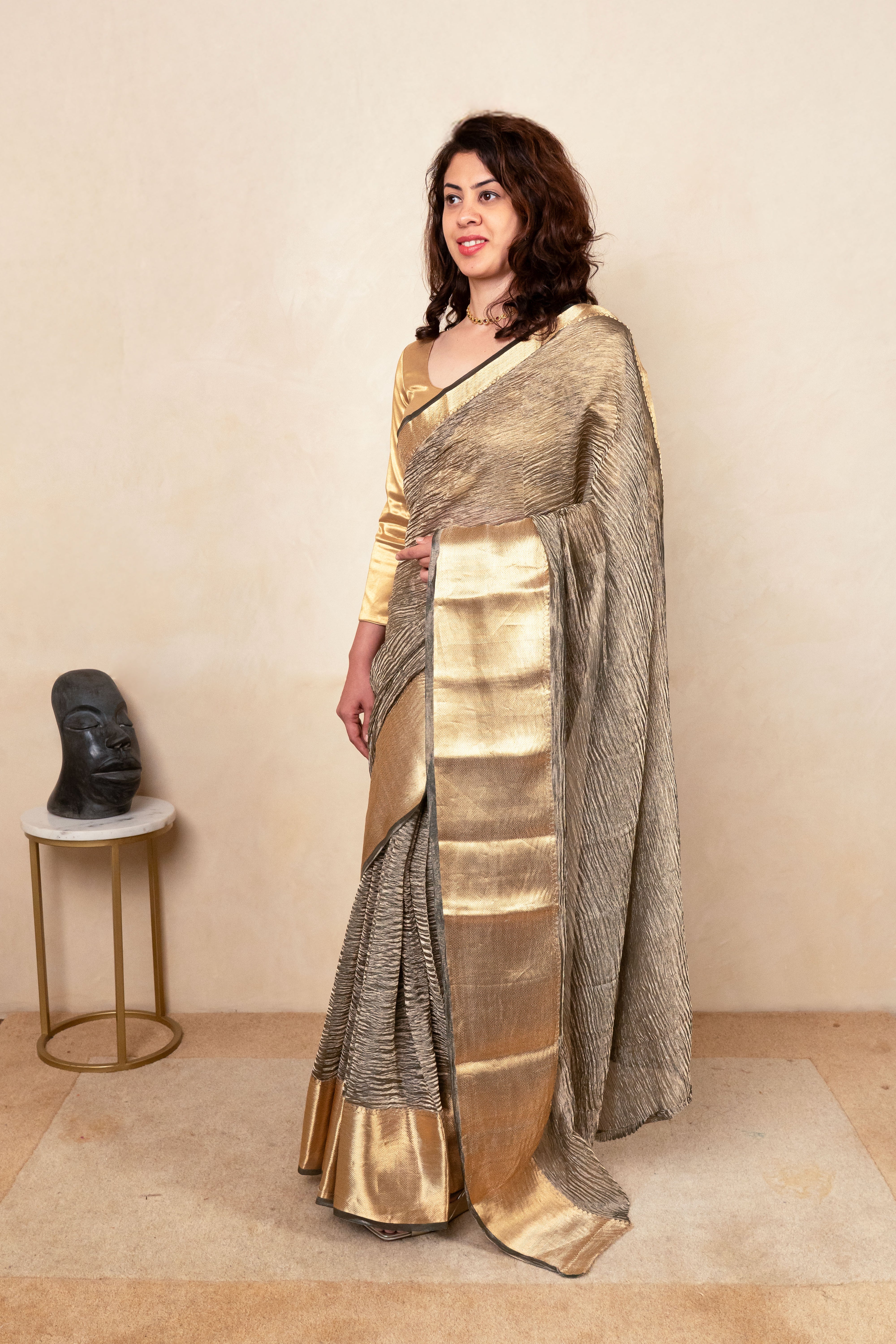 Metallic Grey & Gold Crush Tissue Silk Saree