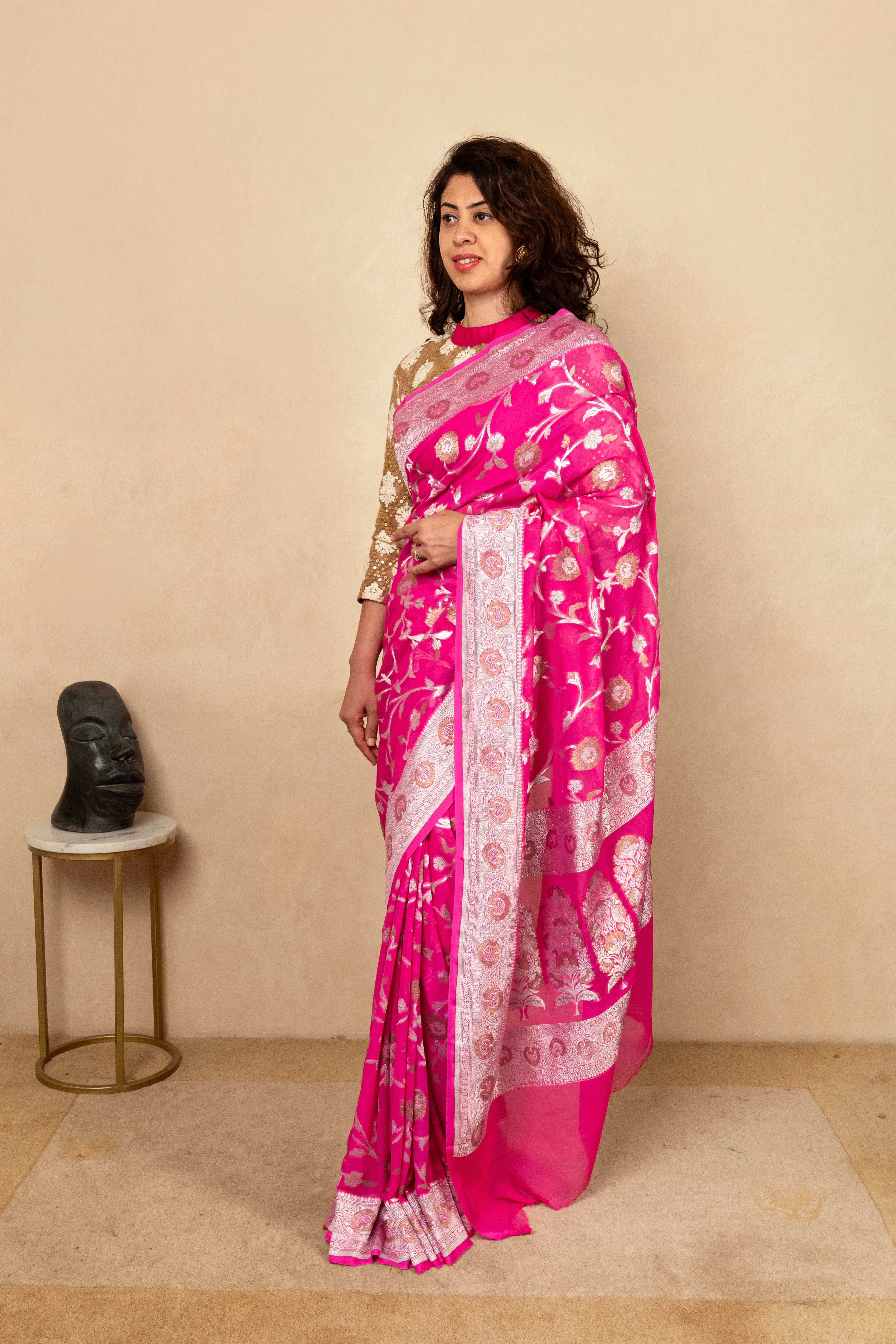 Vibrant Hot Pink Banarasi Georgette Saree
