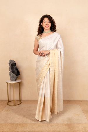 Ethereal White & Gold Soft Tissue Saree with Tassel Detailing