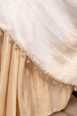 Ethereal White & Gold Soft Tissue Saree with Tassel Detailing