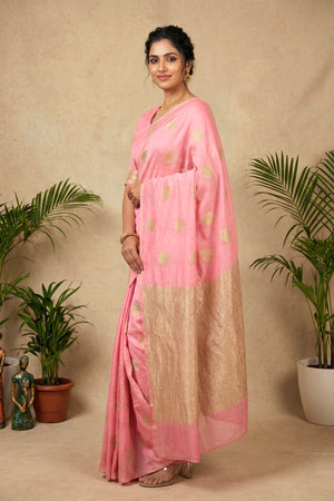 Celebrity Inspired Soft Pastel Pink Moonga Silk Saree with Gold Zari Buttis