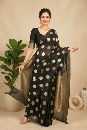 Celebrity Inspired Black & Gold Polka Dot Georgette Saree