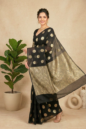 Celebrity Inspired Black & Gold Polka Dot Georgette Saree