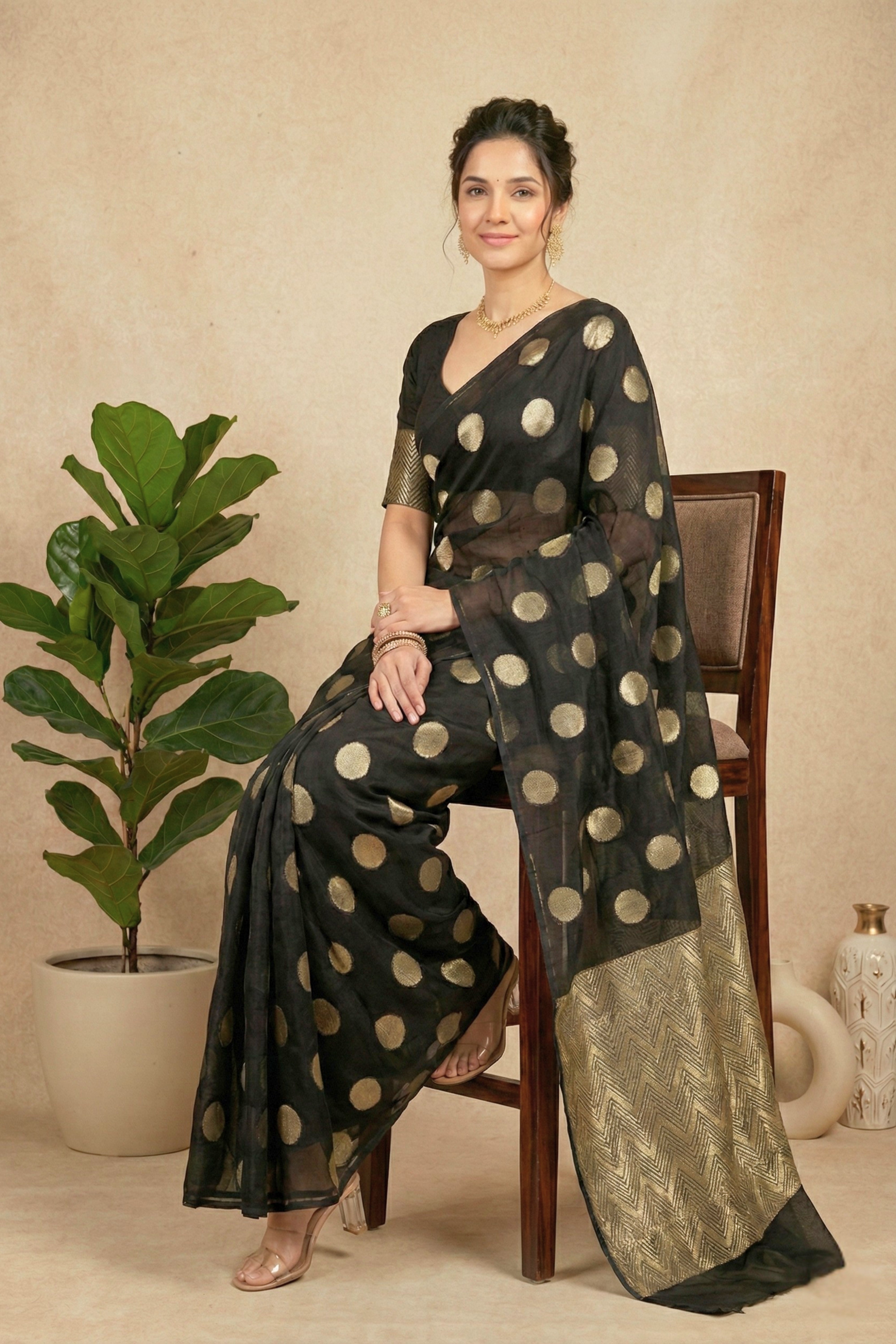 Celebrity Inspired Black & Gold Polka Dot Georgette Saree