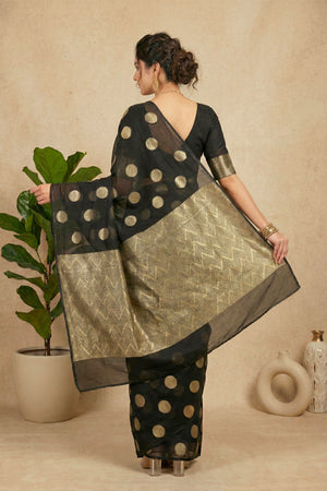 Celebrity Inspired Black & Gold Polka Dot Georgette Saree
