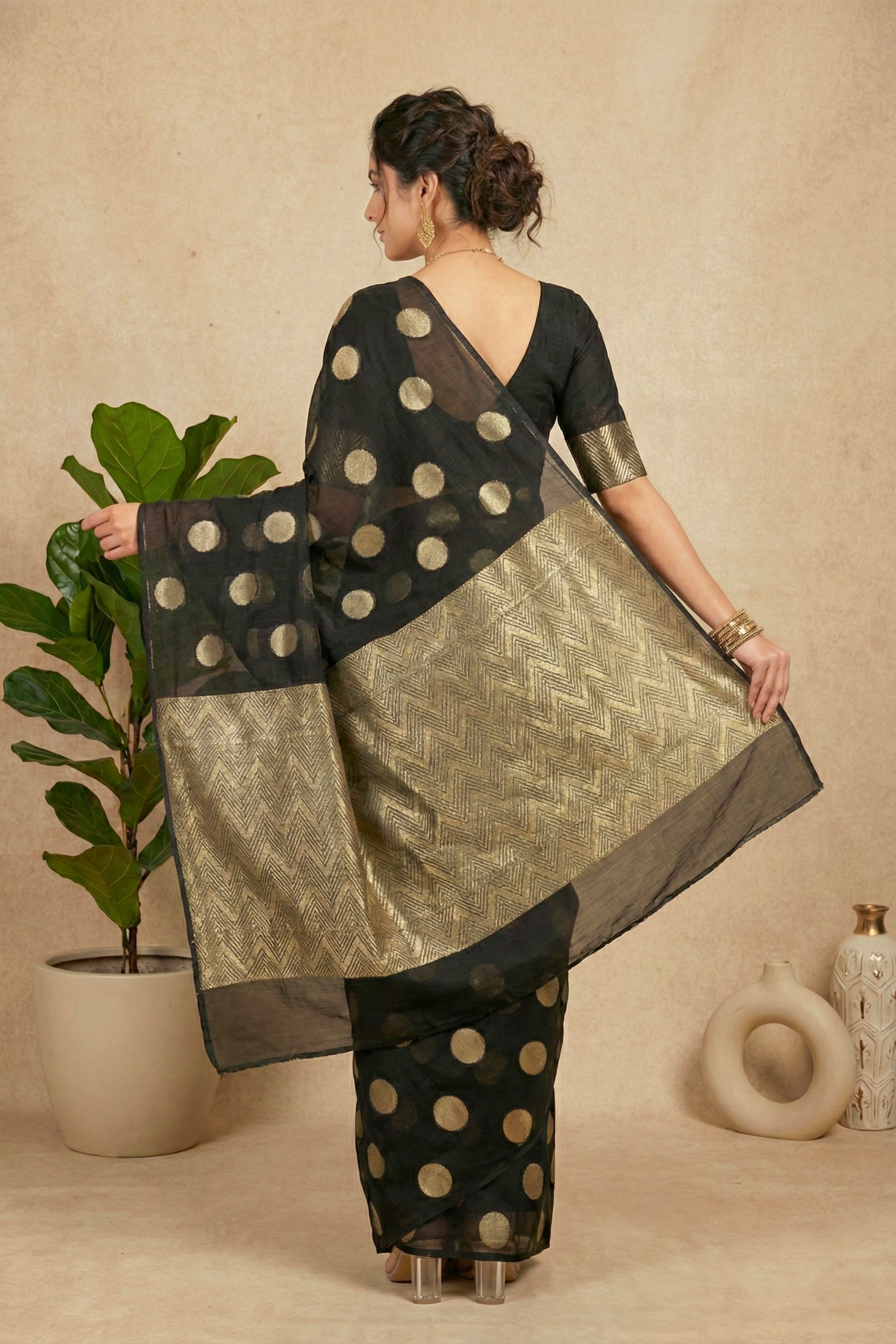 Celebrity Inspired Black & Gold Polka Dot Georgette Saree