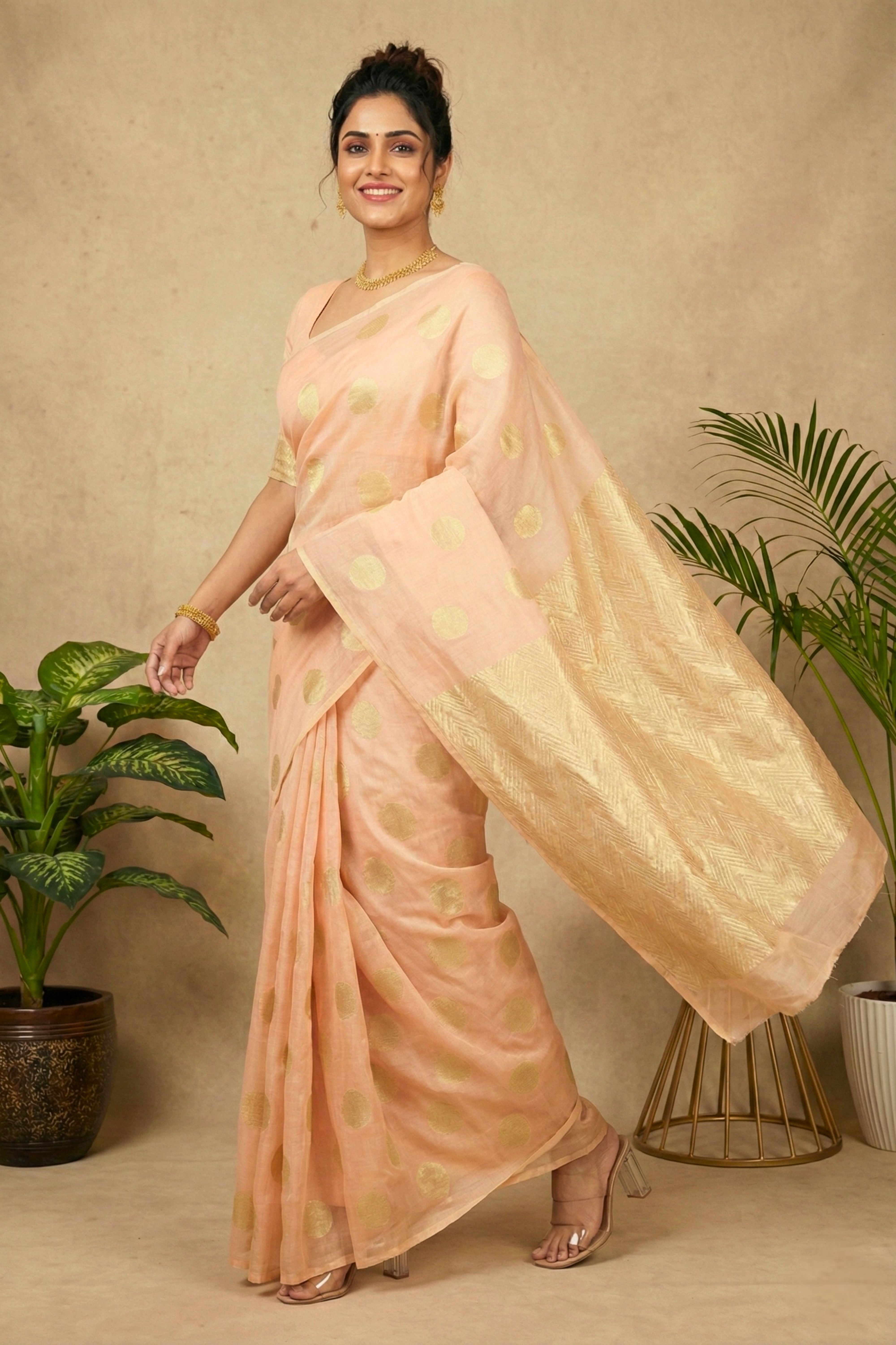 Celebrity Inspired Peach & Gold Polka Dot Georgette Saree
