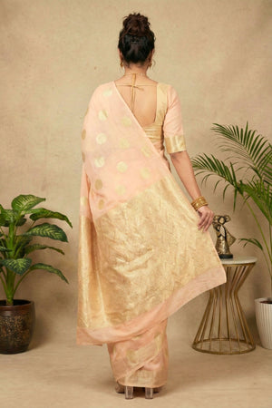 Celebrity Inspired Peach & Gold Polka Dot Georgette Saree