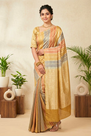 Chic Tricolour Striped Moonga Silk Saree