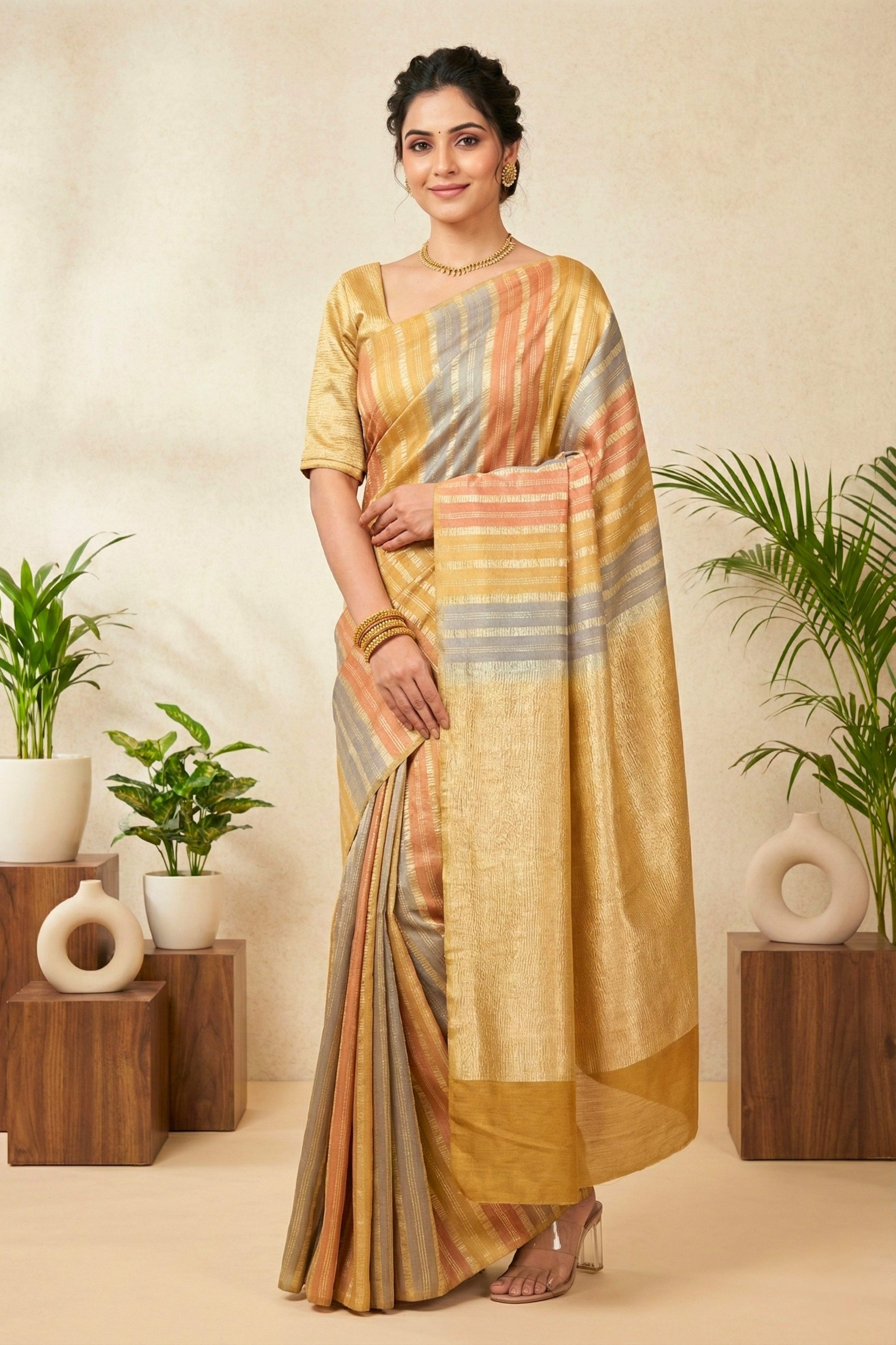 Chic Tricolour Striped Moonga Silk Saree