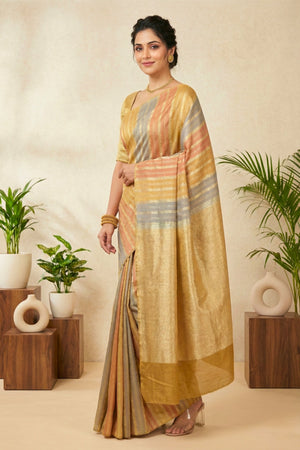 Chic Tricolour Striped Moonga Silk Saree