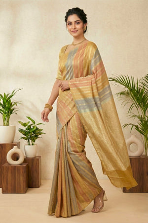 Chic Tricolour Striped Moonga Silk Saree