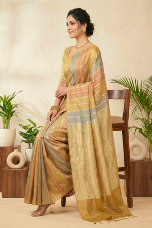 Chic Tricolour Striped Moonga Silk Saree