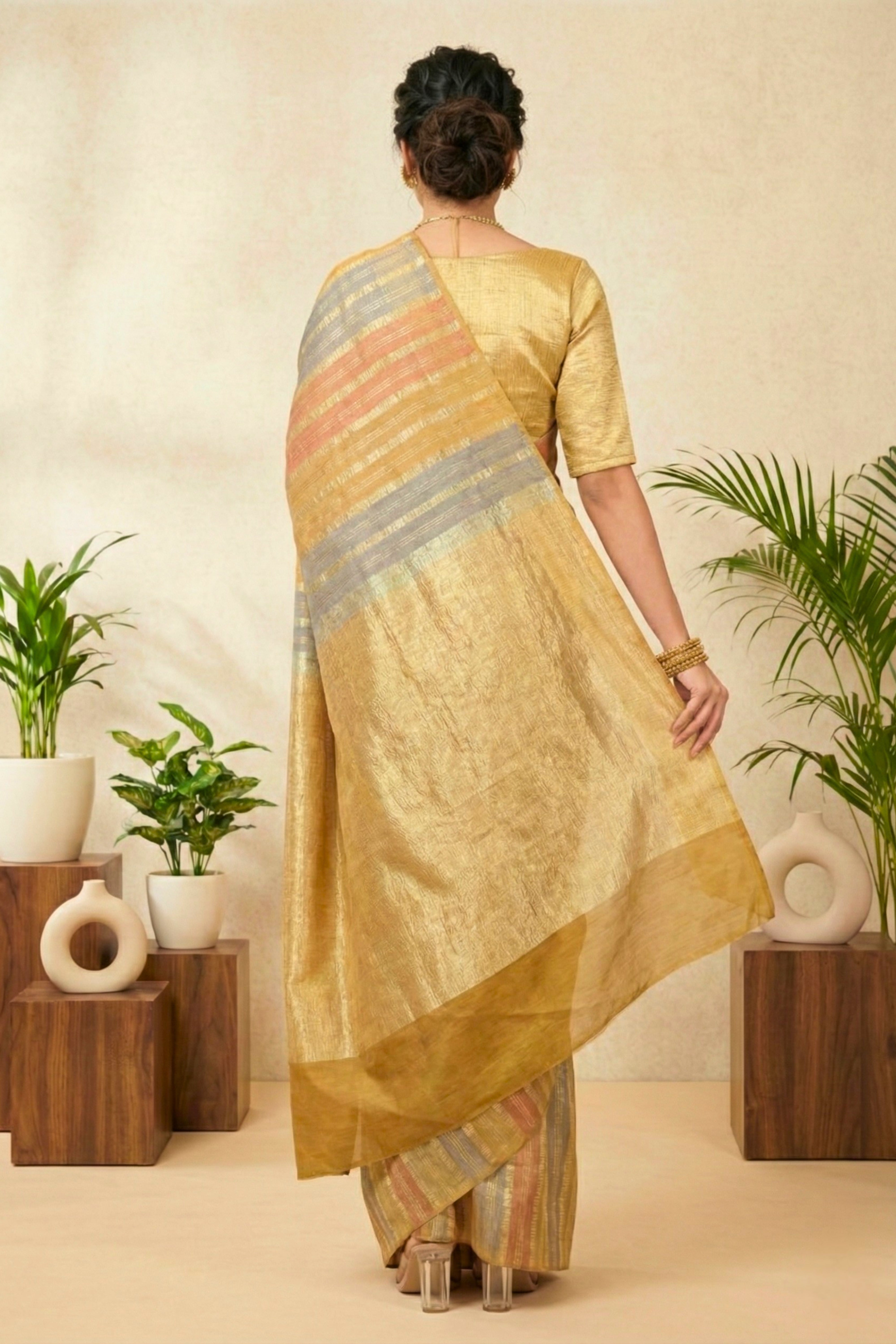 Chic Tricolour Striped Moonga Silk Saree