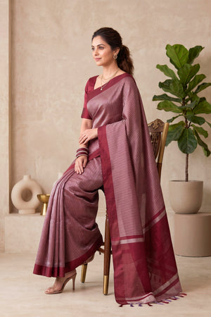 Celebrity Inspired Exquisite Maroon Striped Tissue Saree