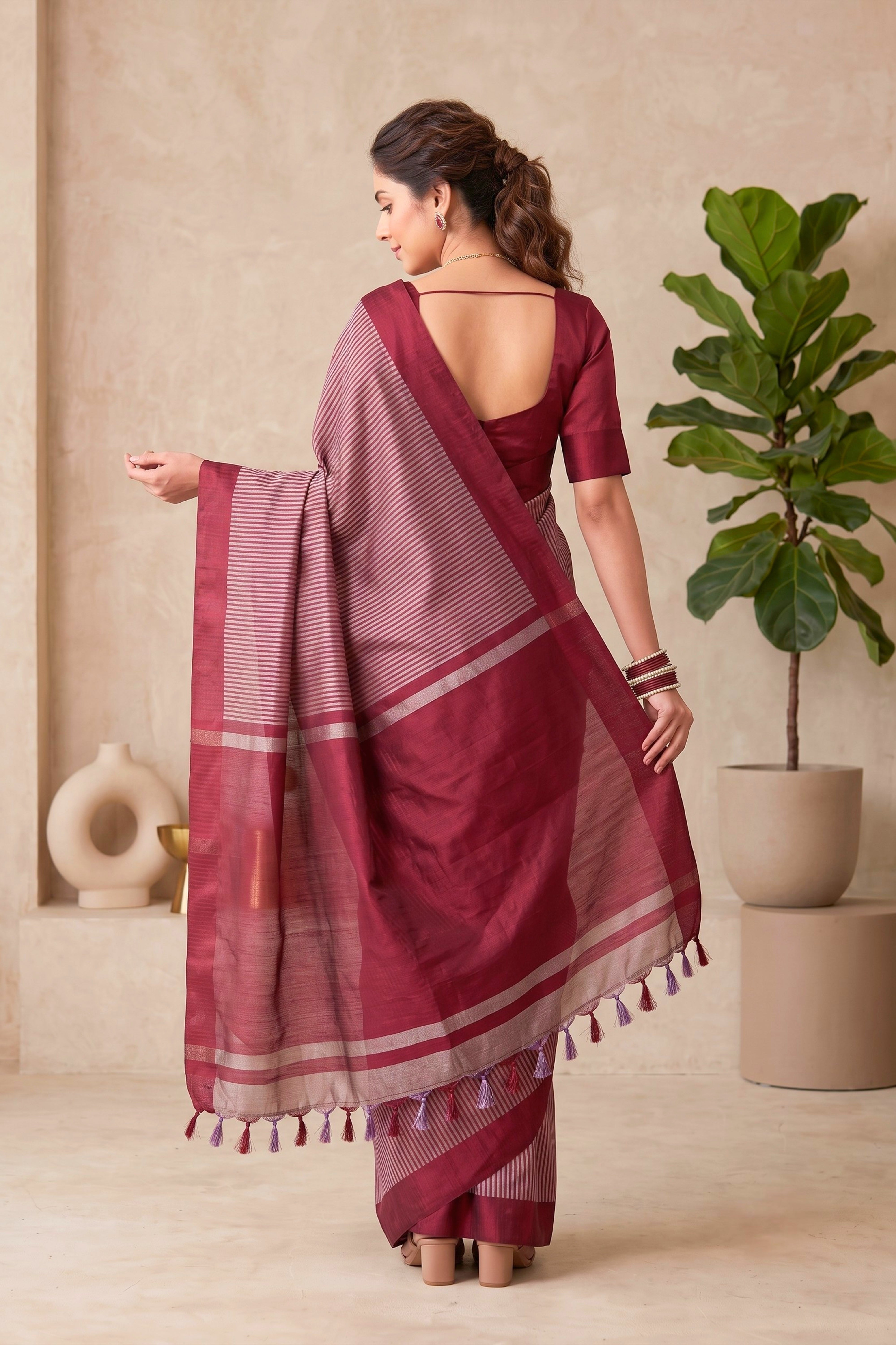Celebrity Inspired Exquisite Maroon Striped Tissue Saree