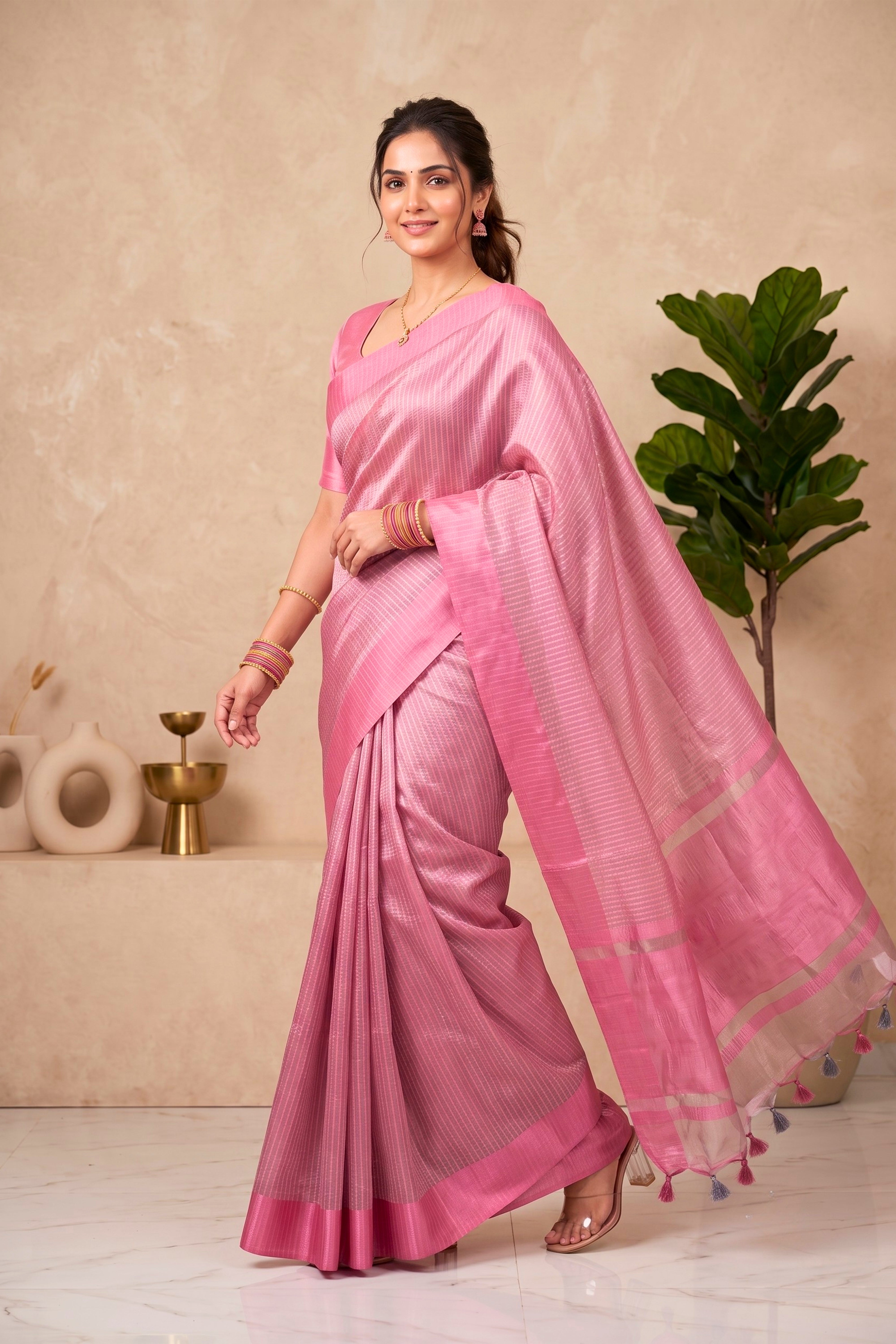 Elegant Rose Pink Striped Tissue Saree