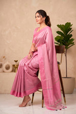 Elegant Rose Pink Striped Tissue Saree