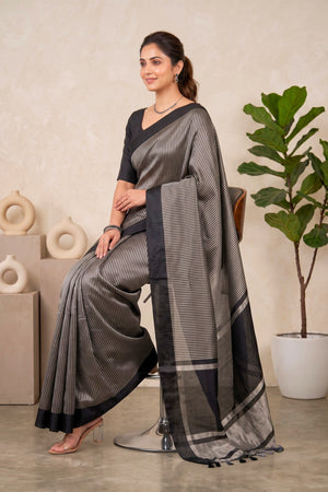 Celebrity-Inspired Black & Silver Striped Tissue Saree