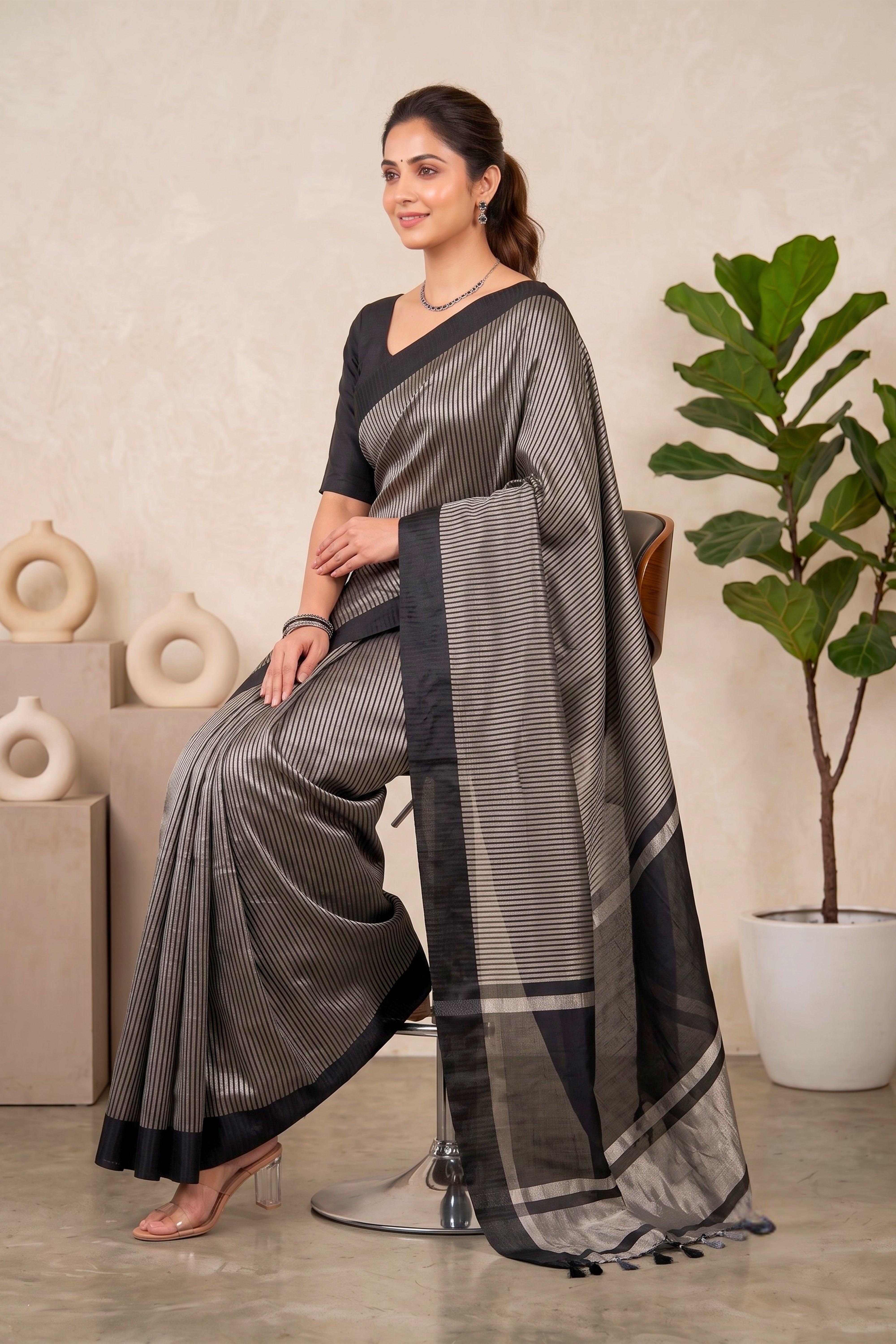 Celebrity-Inspired Black & Silver Striped Tissue Saree