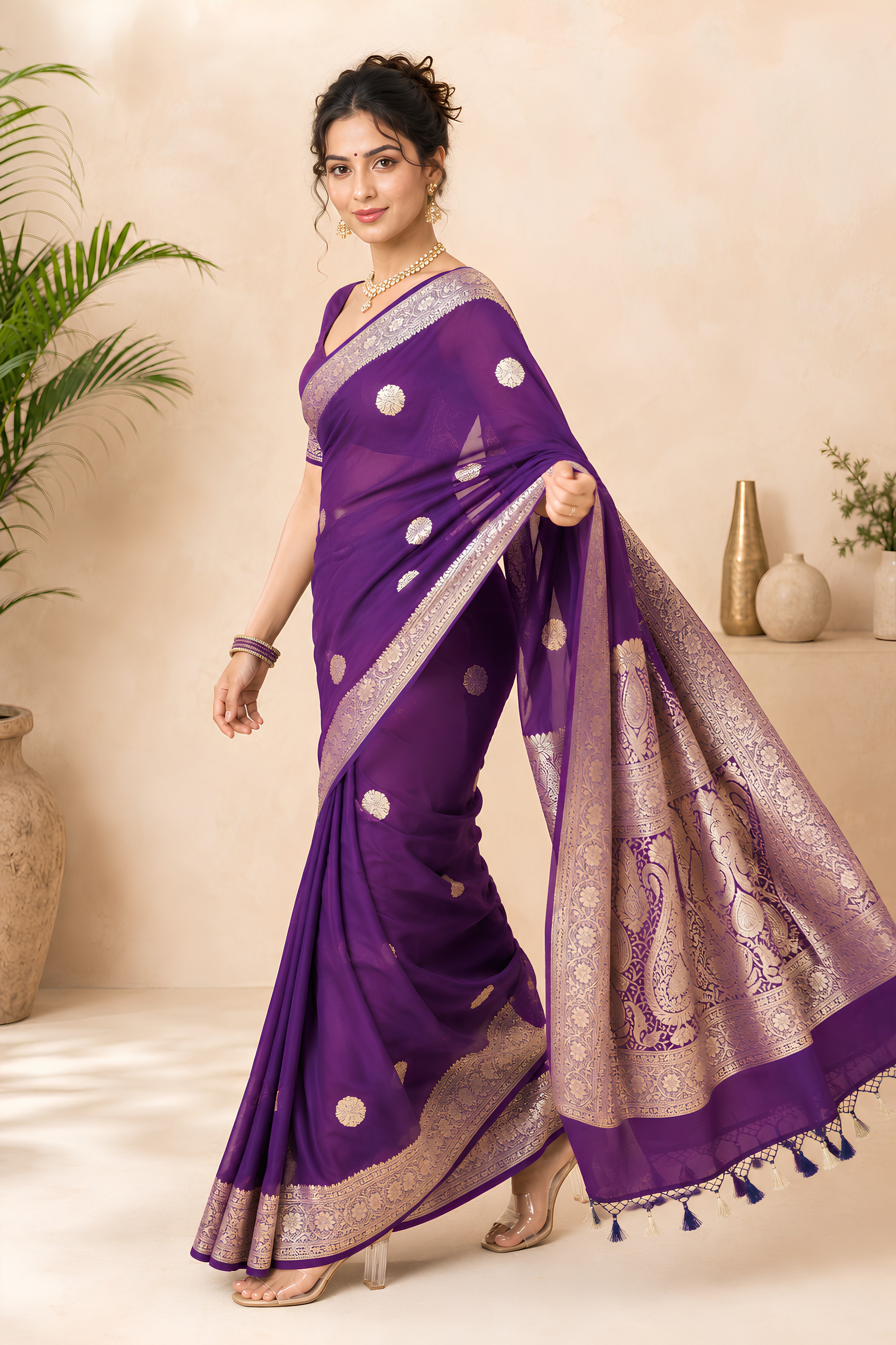 Regal Deep Purple Pure Banarasi Georgette Saree