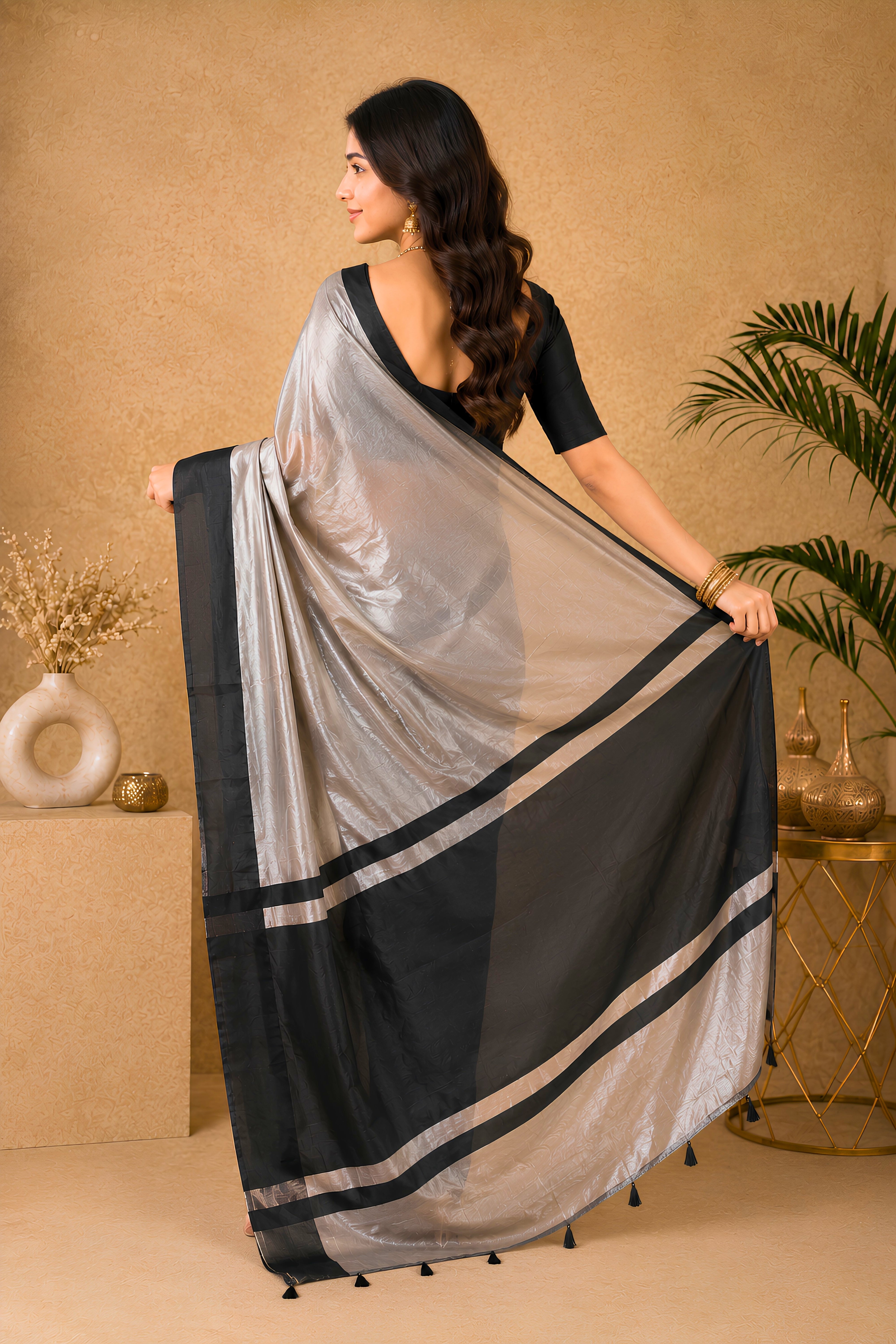 Celebrity-Inspired Metallic Silver & Black Tissue Saree