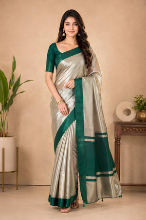 Celebrity-Inspired Silver & Emerald Green Tissue Saree