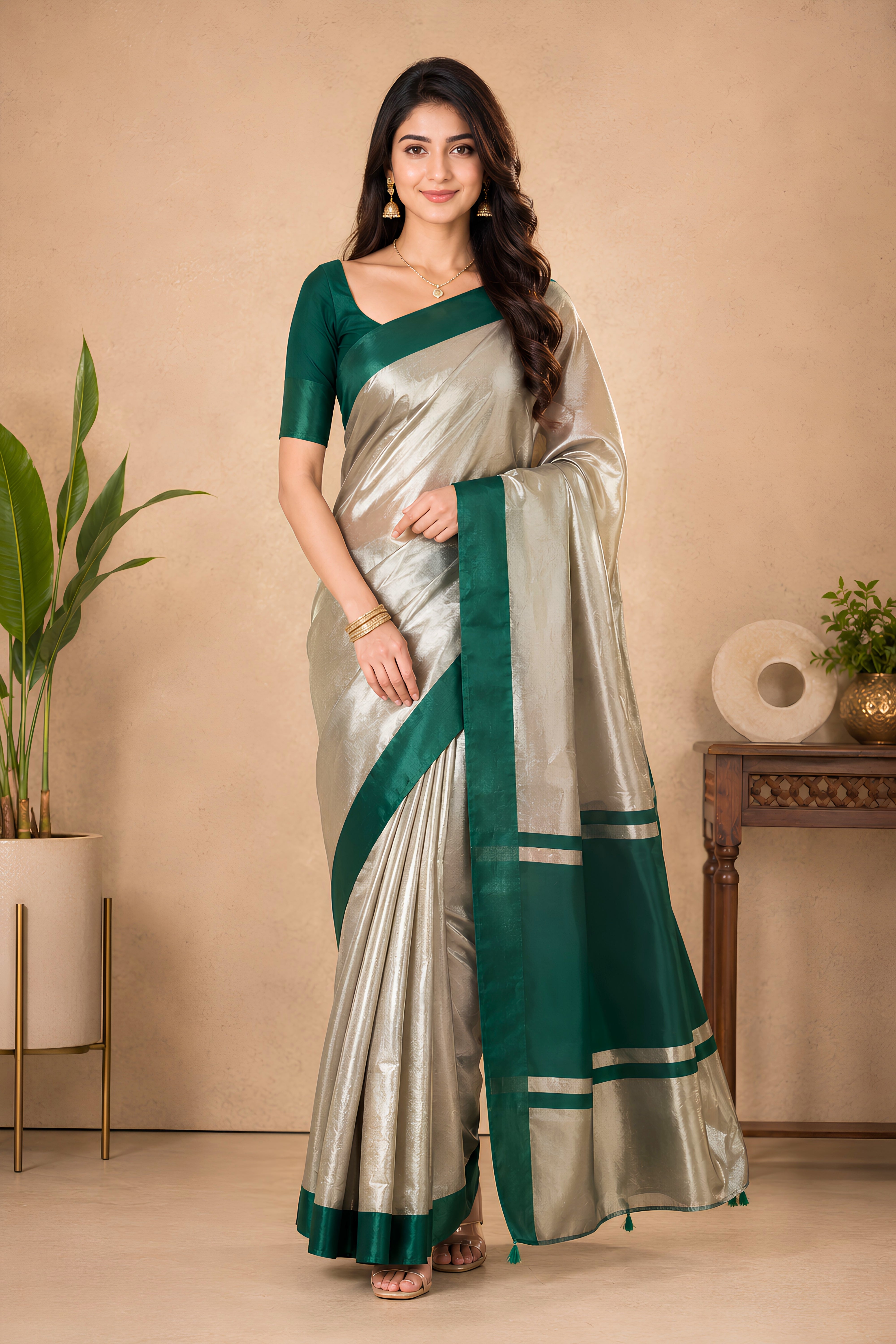 Celebrity-Inspired Silver & Emerald Green Tissue Saree