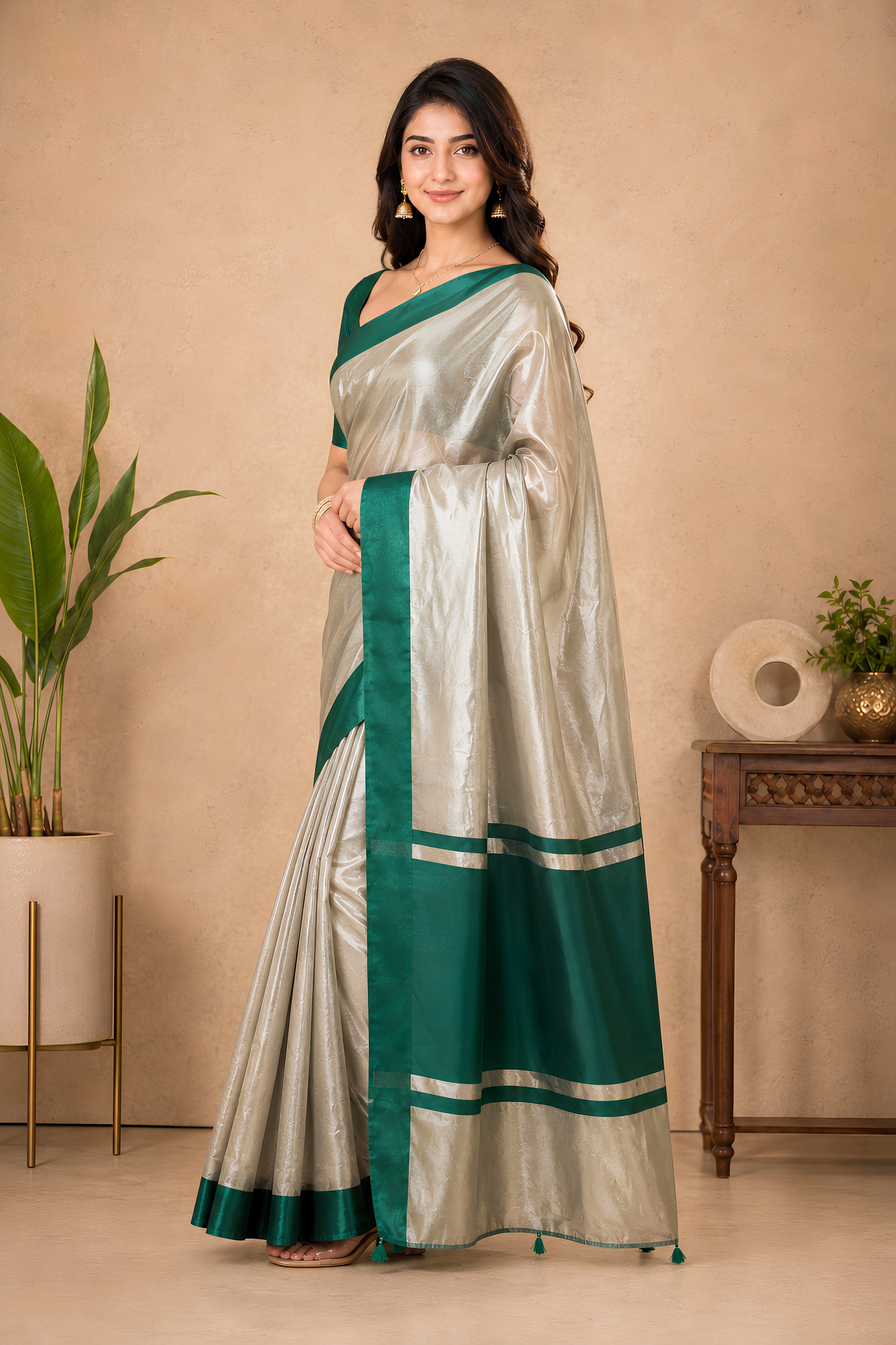 Celebrity-Inspired Silver & Emerald Green Tissue Saree