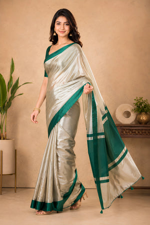 Celebrity-Inspired Silver & Emerald Green Tissue Saree