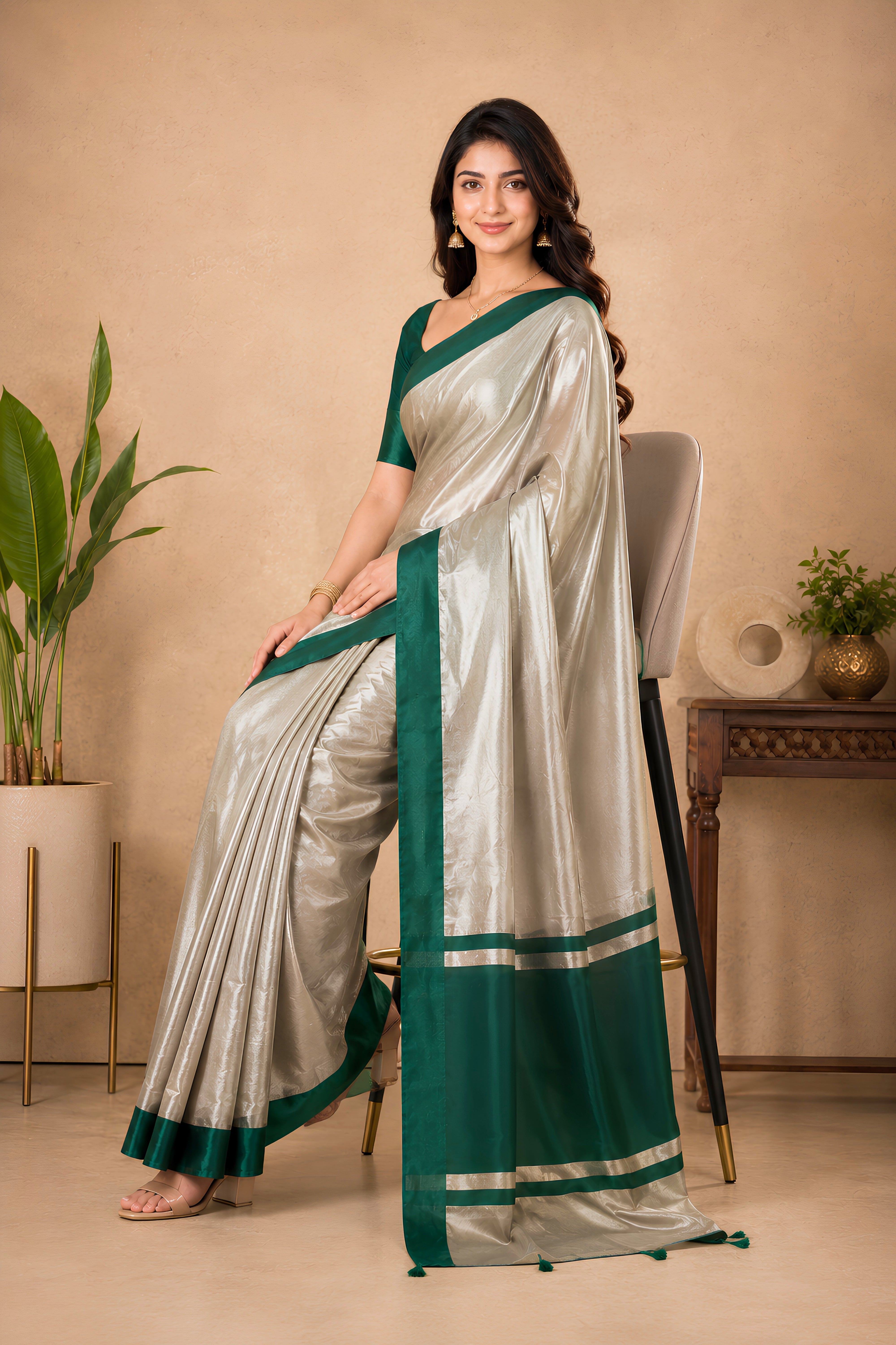 Celebrity-Inspired Silver & Emerald Green Tissue Saree