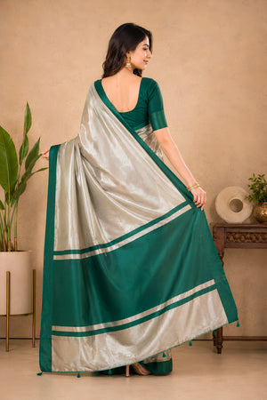 Celebrity-Inspired Silver & Emerald Green Tissue Saree