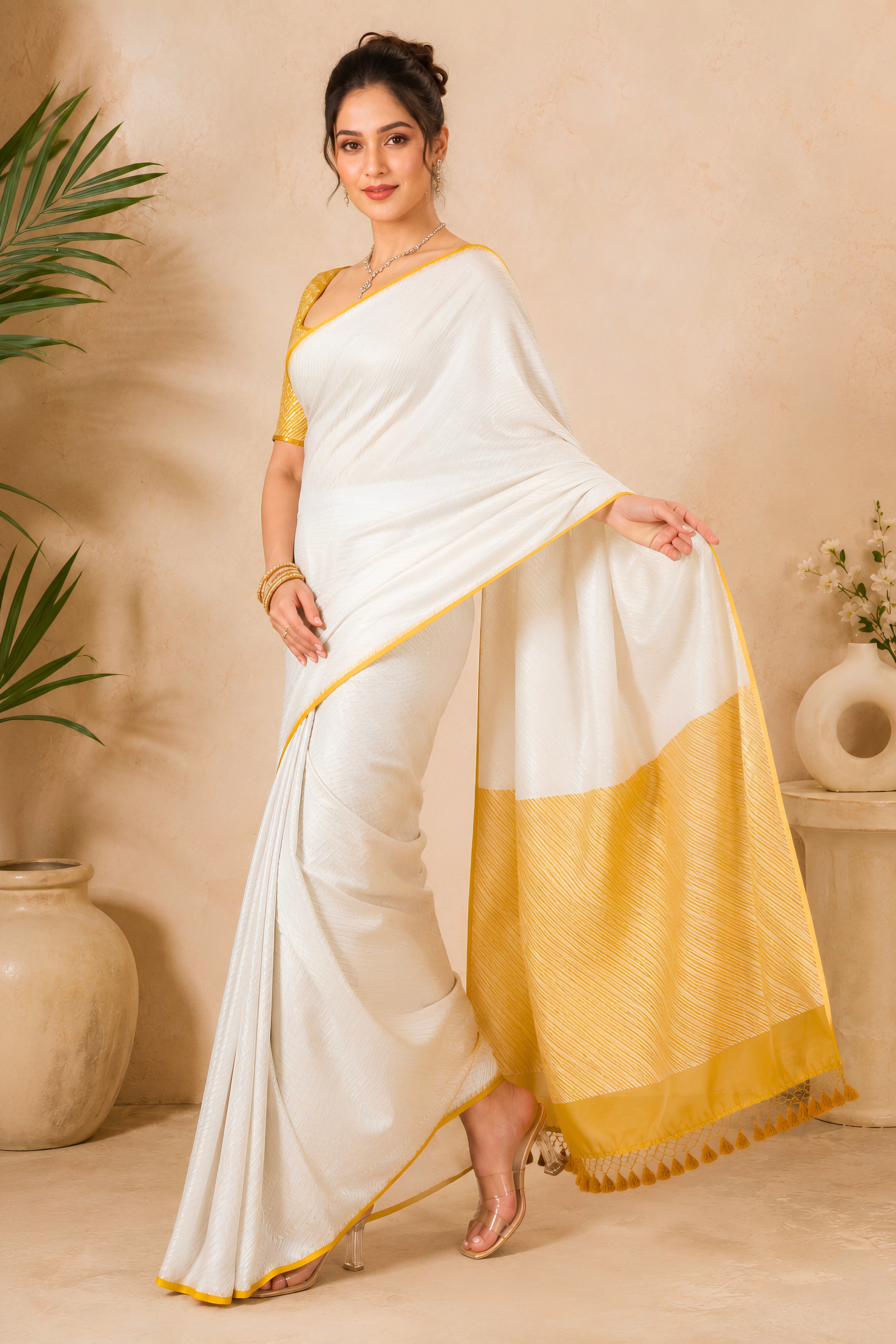 Pristine Silver & Mustard Khadi Stripe Georgette Saree