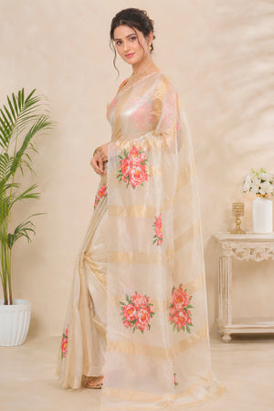 Organza Zari Stripe Saree with Floral Applique Patchwork
