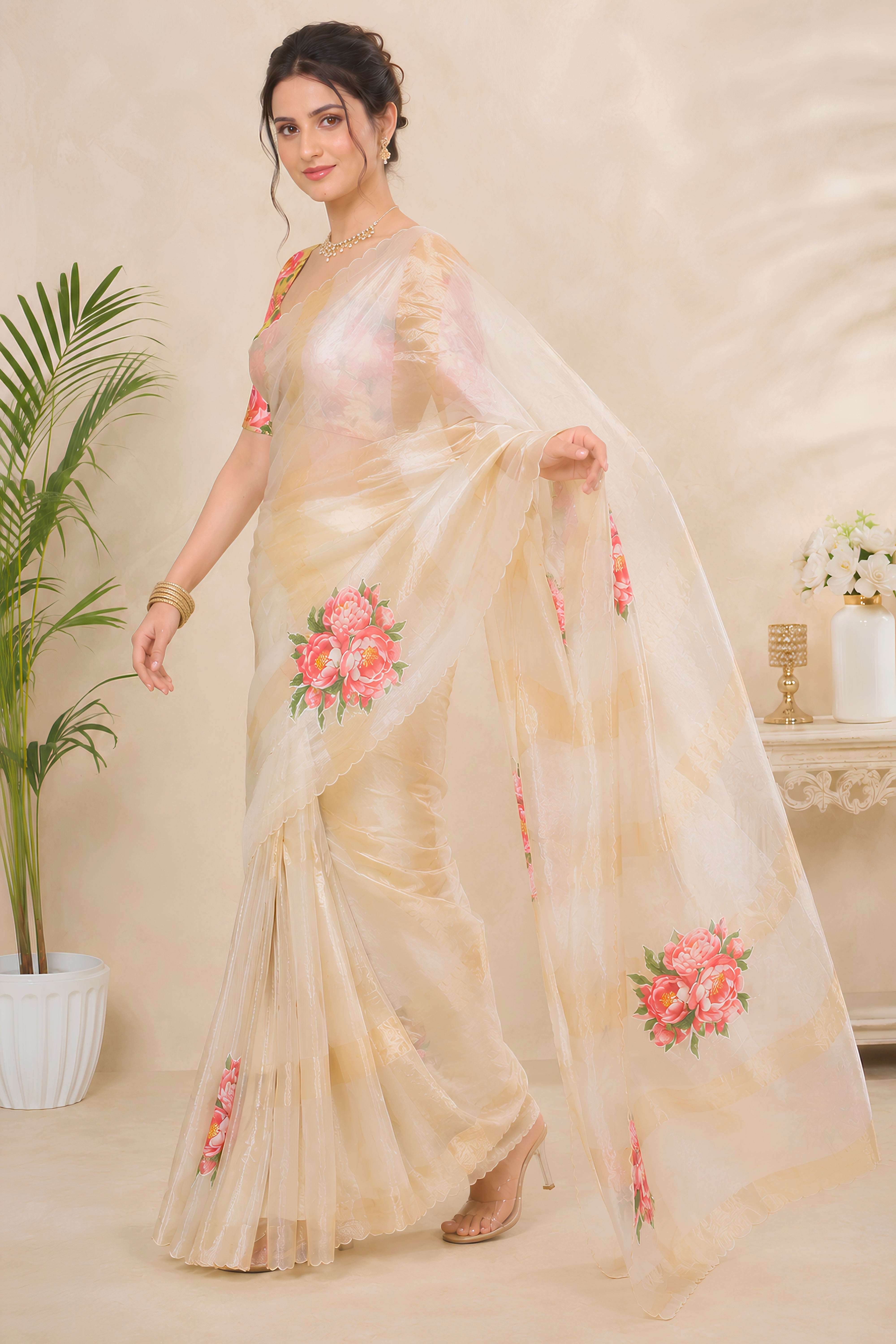 Organza Zari Stripe Saree with Floral Applique Patchwork