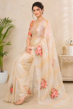Organza Zari Stripe Saree with Floral Applique Patchwork