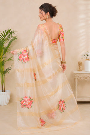 Organza Zari Stripe Saree with Floral Applique Patchwork