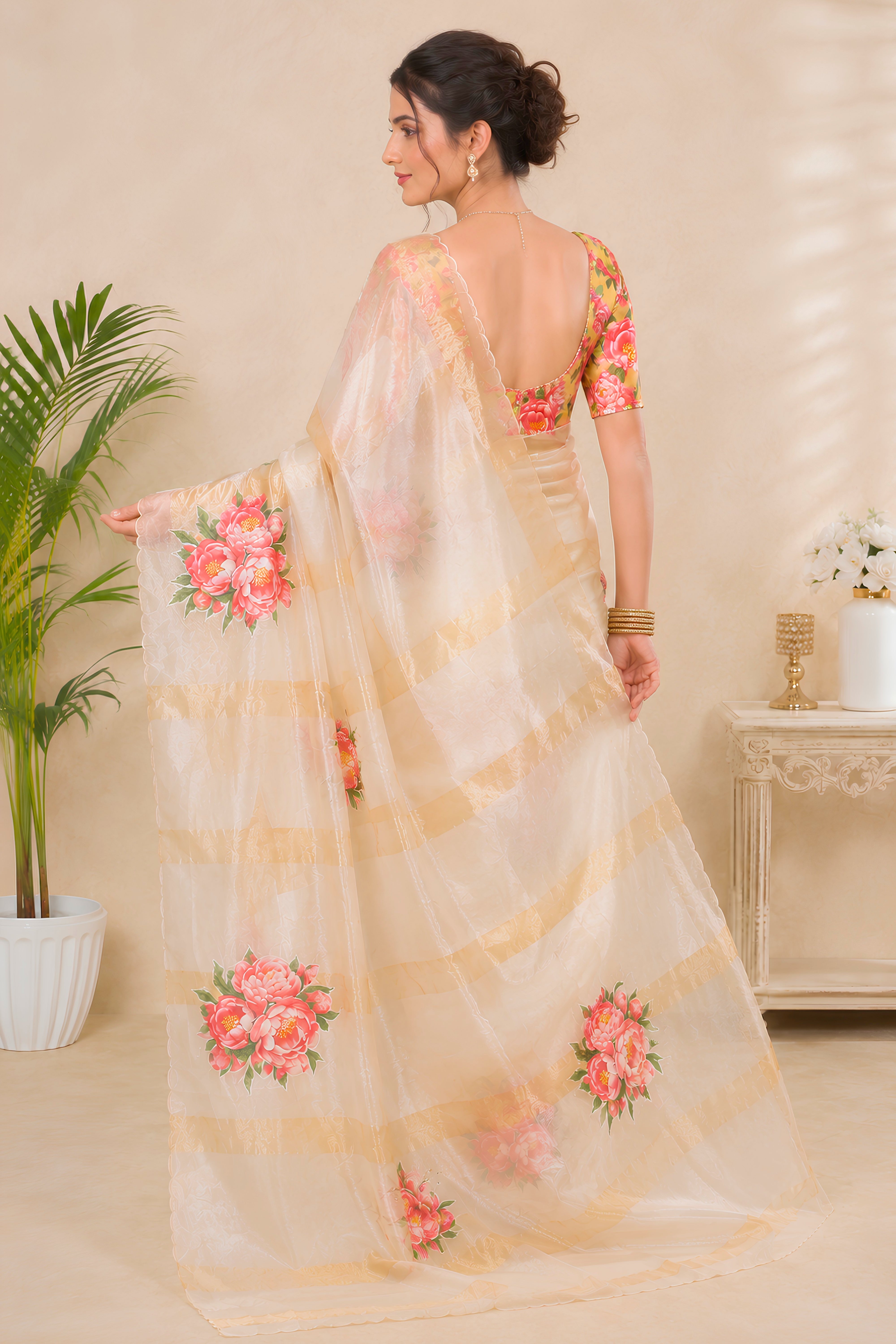 Organza Zari Stripe Saree with Floral Applique Patchwork