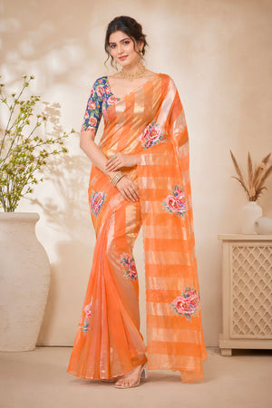 Vibrant Orange Organza Zari Stripe Saree with Floral Applique