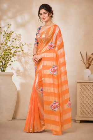 Vibrant Orange Organza Zari Stripe Saree with Floral Applique