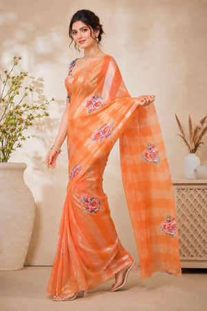 Vibrant Orange Organza Zari Stripe Saree with Floral Applique