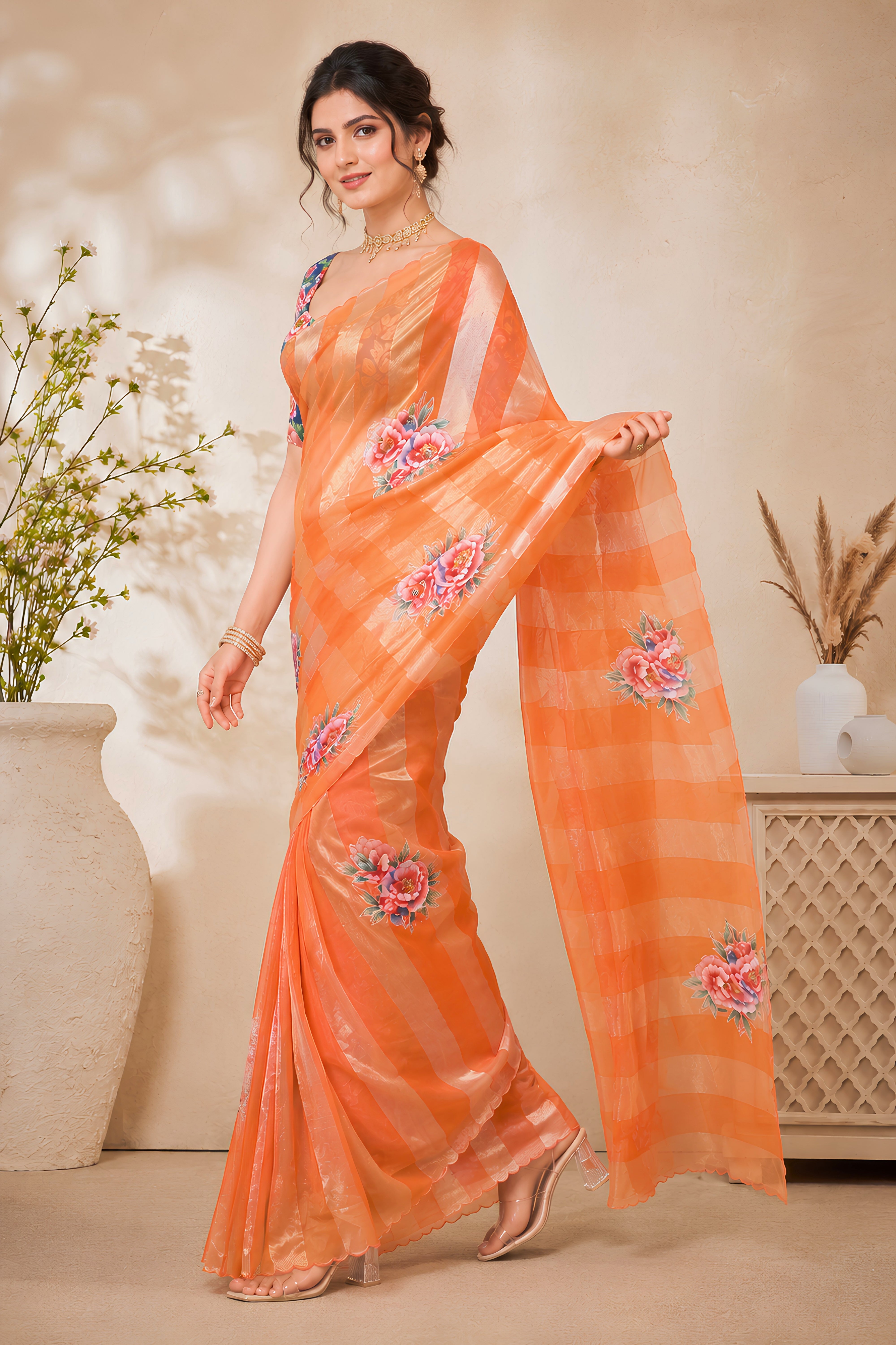 Vibrant Orange Organza Zari Stripe Saree with Floral Applique