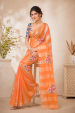 Vibrant Orange Organza Zari Stripe Saree with Floral Applique