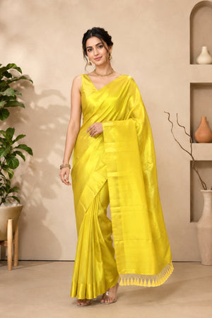 Celebrity-Inspired Luminous Lime Yellow Raw Mango Silk Saree